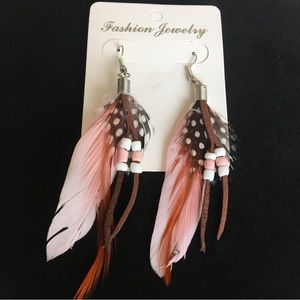 Pink Feather Native Style Tassel Beaded Earrings